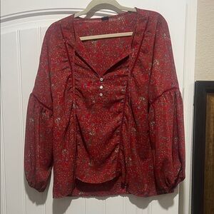 J.O.A. Red Floral Blouse with Button Detail